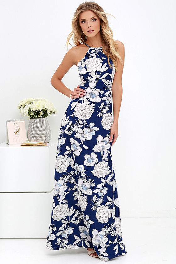 Lovely Blue Floral Print Dress - Maxi ...